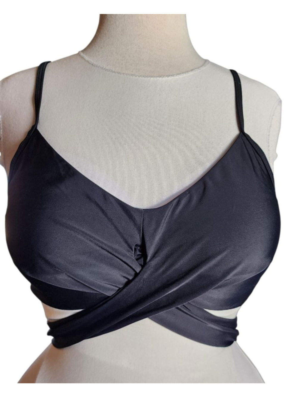 Black Wrap Swim Top Bikini Tankini Cross Front Tie Back Womens L Adjustable